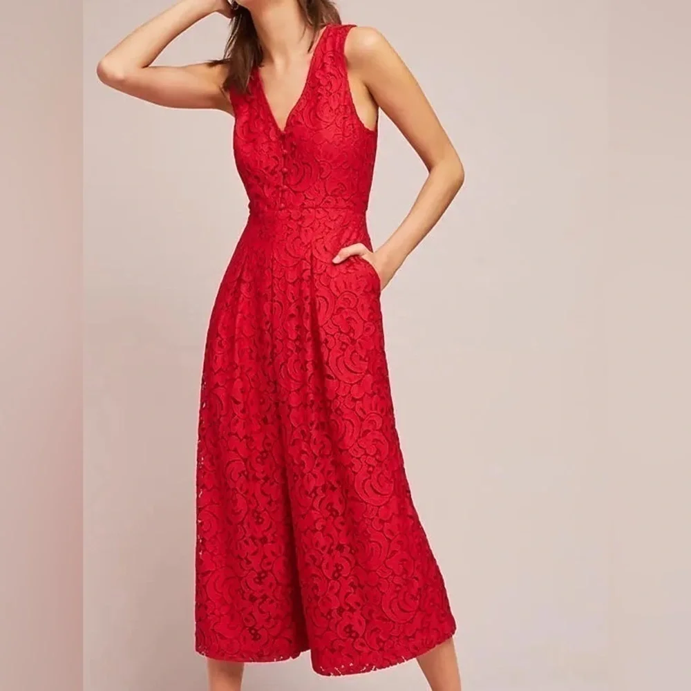 Anthropologie Jumpsuit pockets Jaeda Lace Wide-Leg Moulinette Soeurs Red size 2 - Picture 16 of 16